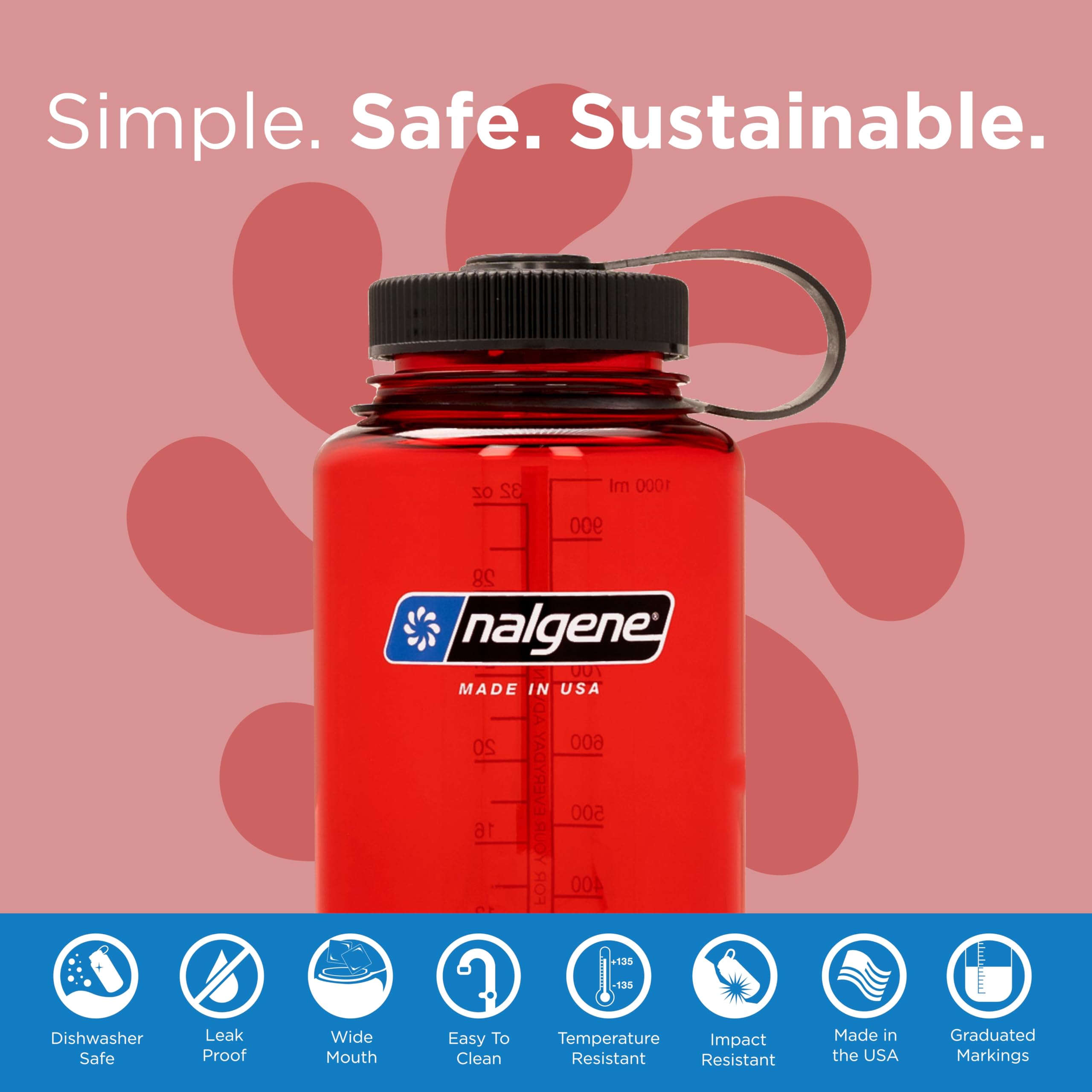 Nalgene Sustain Tritan BPA-Free Water Bottle Made with Material Derived from 50% Plastic Waste  32 OZ  Wide Mouth  Red